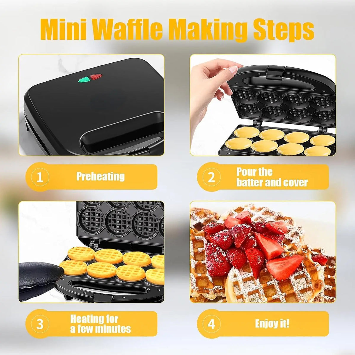 Mini Waffle Maker for 8 Waffles, 750W Nonstick Iron