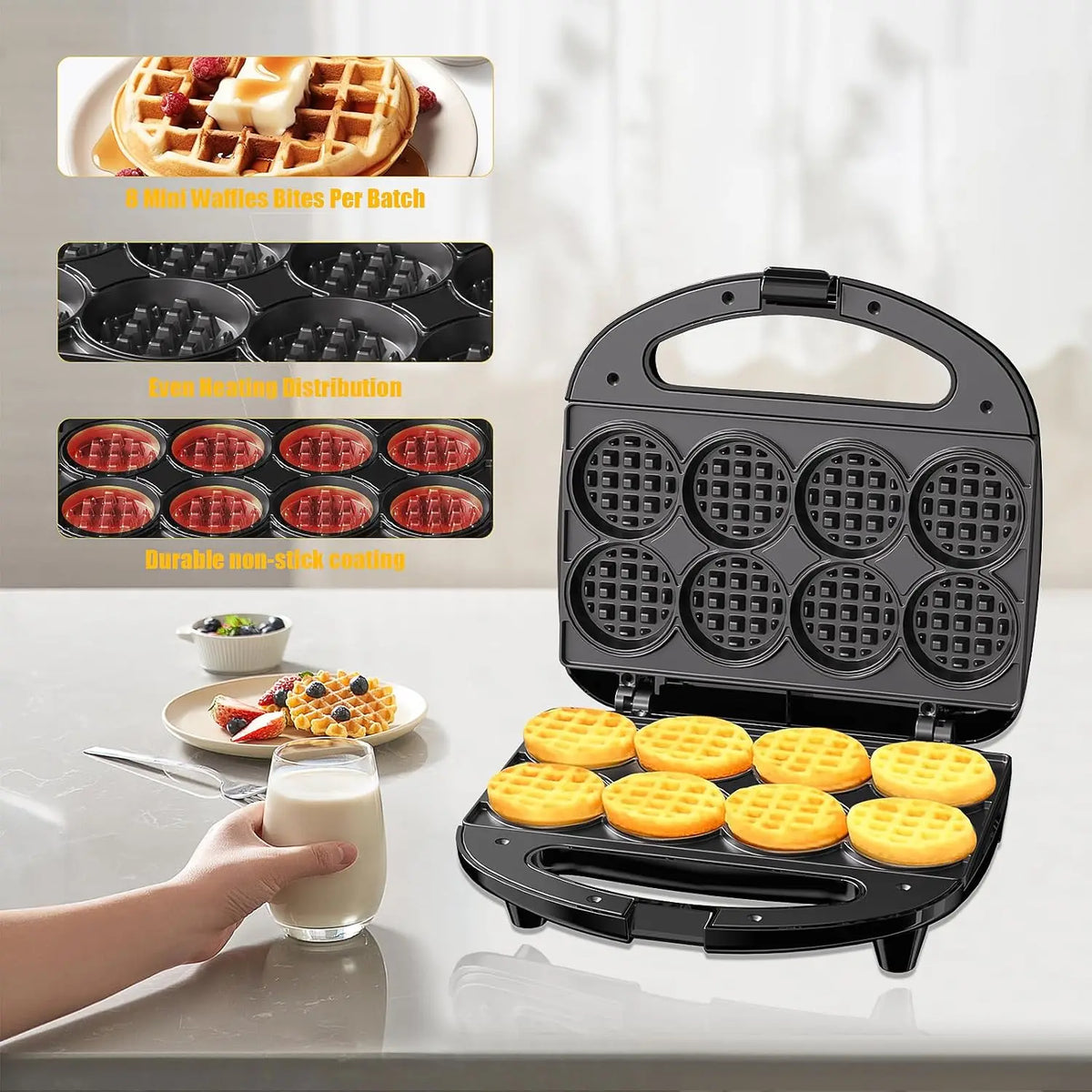 Mini Waffle Maker for 8 Waffles, 750W Nonstick Iron