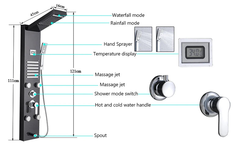 Luxury LED Waterfall Shower Panel System | Rain, Massage Jets & Hand Shower