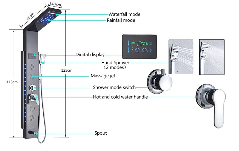 Luxury LED Waterfall Shower Panel System | Rain, Massage Jets & Hand Shower