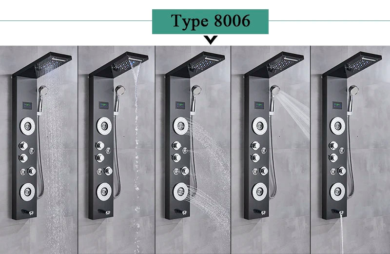 Luxury LED Waterfall Shower Panel System | Rain, Massage Jets & Hand Shower