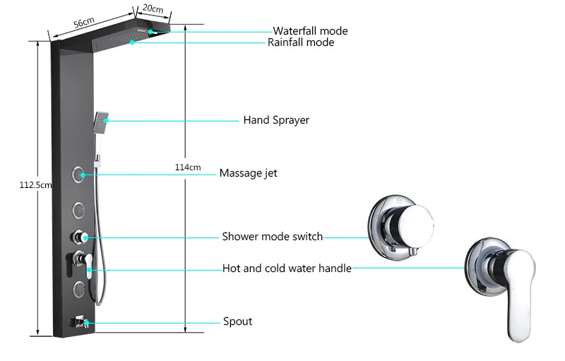 Luxury LED Waterfall Shower Panel System | Rain, Massage Jets & Hand Shower