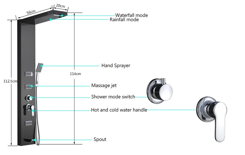 Luxury LED Waterfall Shower Panel System | Rain, Massage Jets & Hand Shower