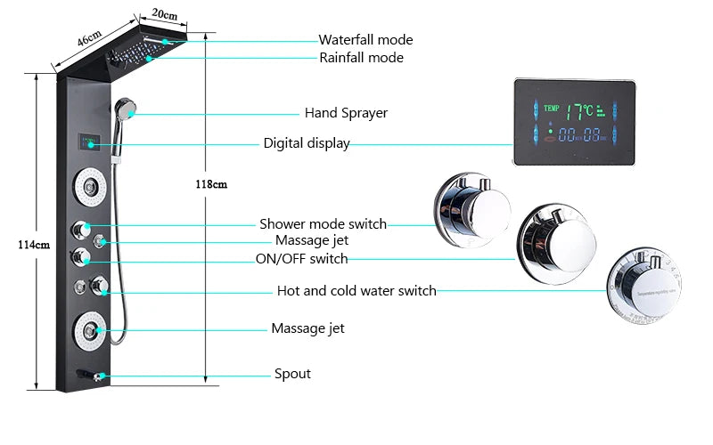 Luxury LED Waterfall Shower Panel System | Rain, Massage Jets & Hand Shower