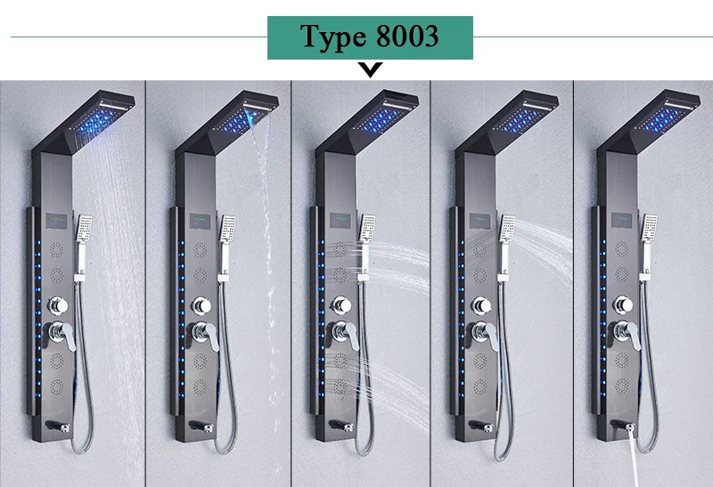 Luxury LED Waterfall Shower Panel System | Rain, Massage Jets & Hand Shower