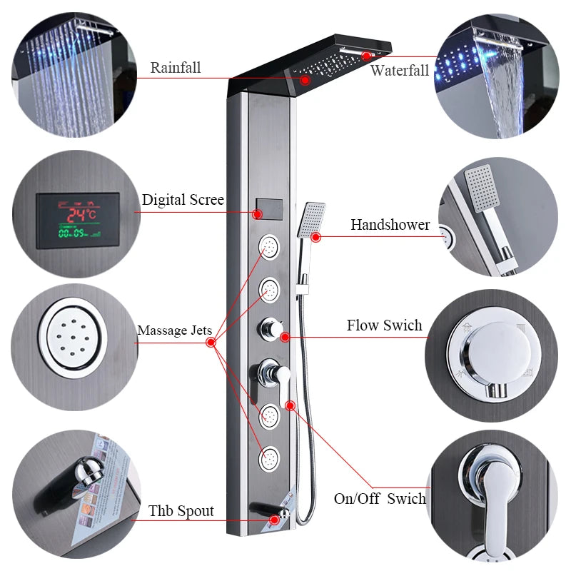 Luxury LED Waterfall Shower Panel System | Rain, Massage Jets & Hand Shower