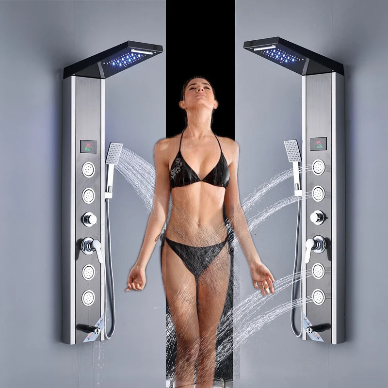 Luxury LED Waterfall Shower Panel System | Rain, Massage Jets & Hand Shower