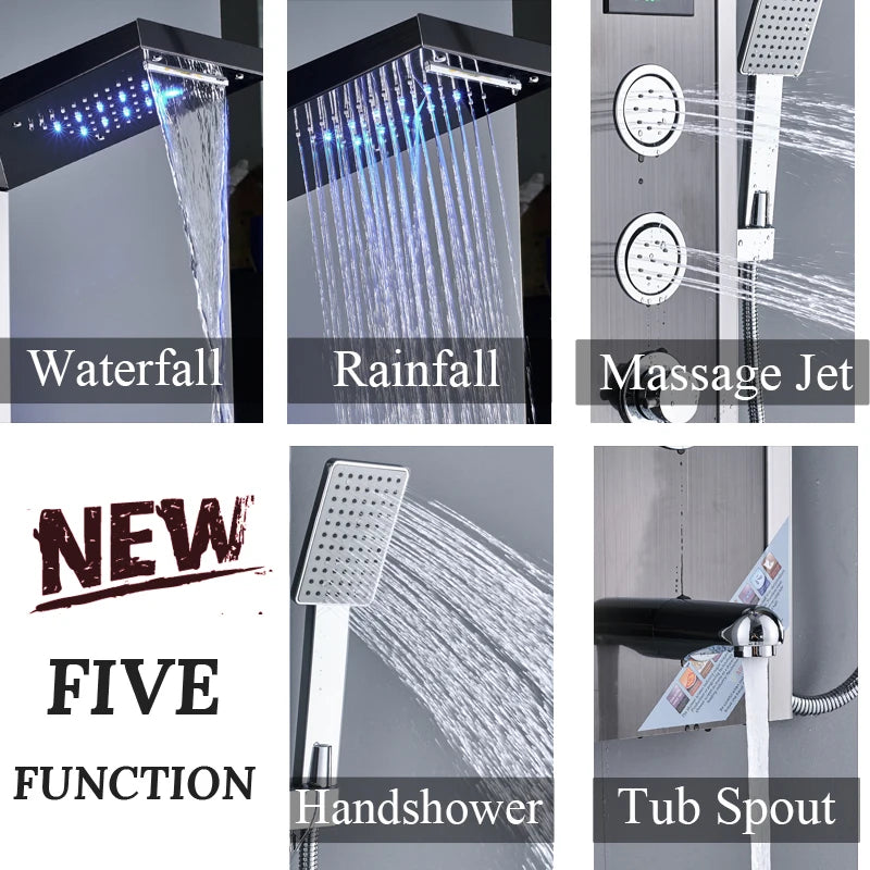 Luxury LED Waterfall Shower Panel System | Rain, Massage Jets & Hand Shower