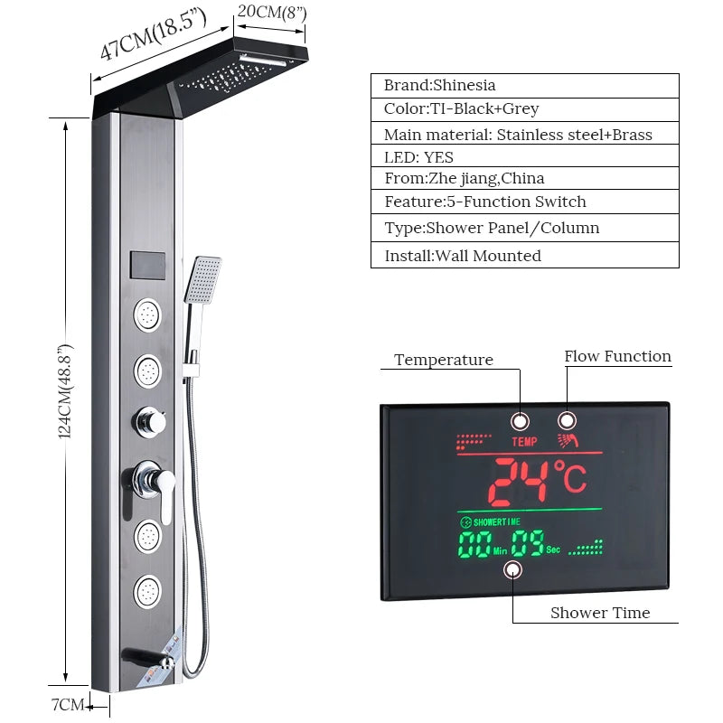 Luxury LED Waterfall Shower Panel System | Rain, Massage Jets & Hand Shower