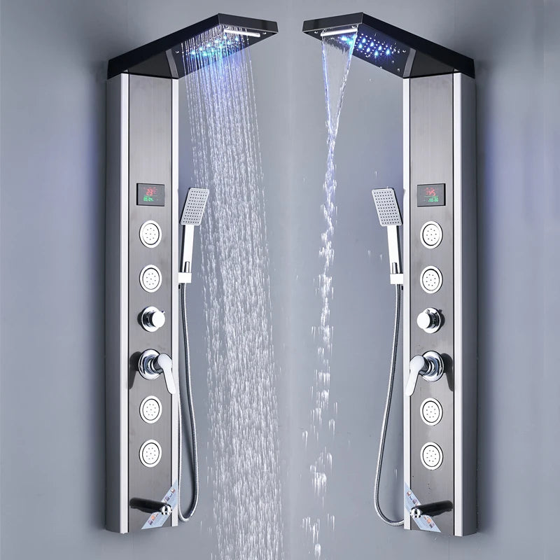 Luxury LED Waterfall Shower Panel System | Rain, Massage Jets & Hand Shower