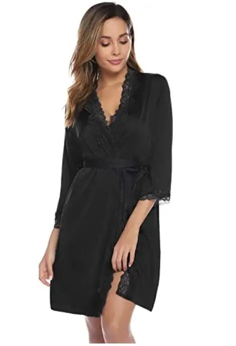 Plus Size Satin Lace Kimono Robe & Nightgown – Sexy Sleepwear, Sizes S–XXL, Pink, Black, Wine