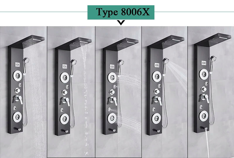 Luxury LED Waterfall Shower Panel System | Rain, Massage Jets & Hand Shower