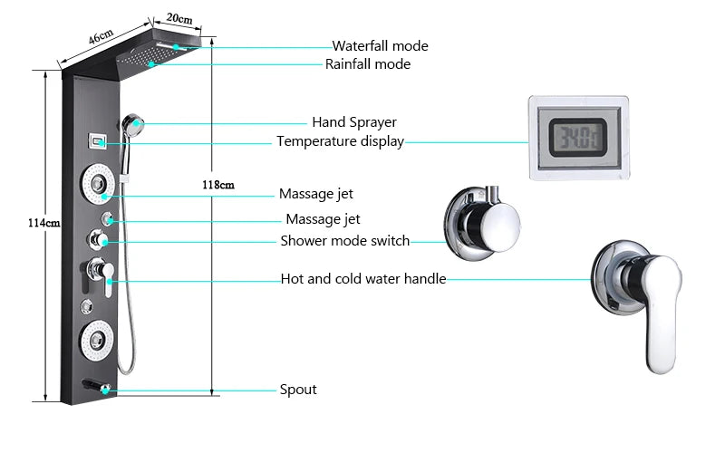 Luxury LED Waterfall Shower Panel System | Rain, Massage Jets & Hand Shower