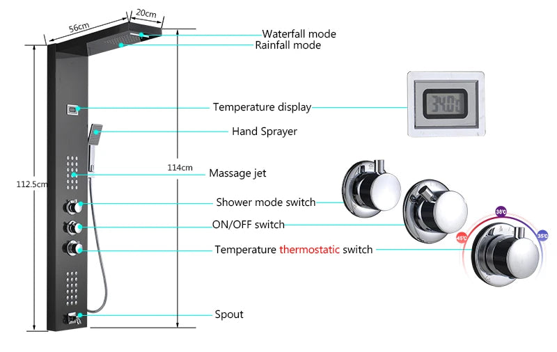 Luxury LED Waterfall Shower Panel System | Rain, Massage Jets & Hand Shower