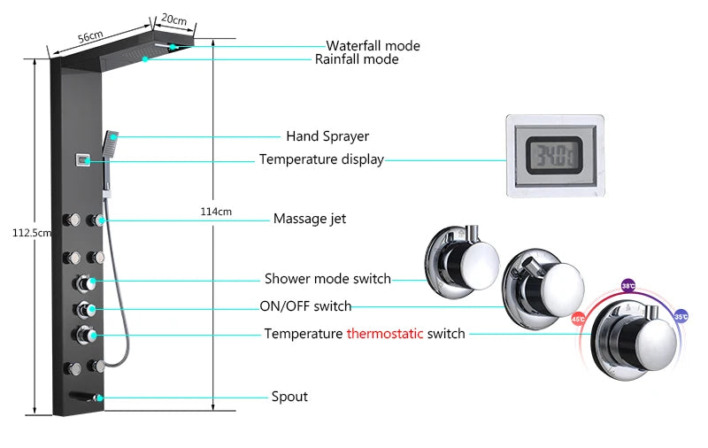 Luxury LED Waterfall Shower Panel System | Rain, Massage Jets & Hand Shower