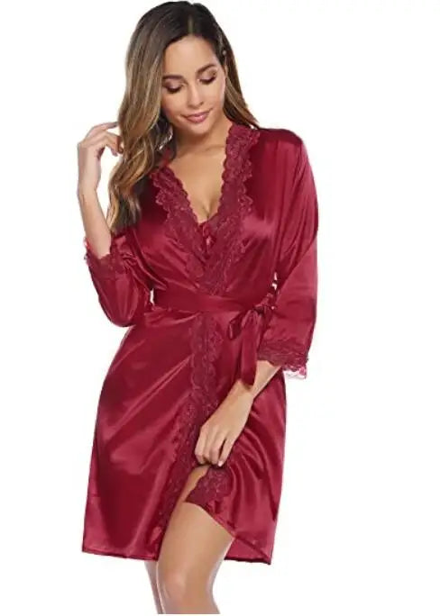 Plus Size Satin Lace Kimono Robe & Nightgown – Sexy Sleepwear, Sizes S–XXL, Pink, Black, Wine