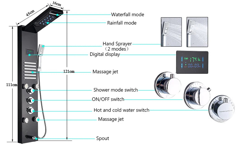 Luxury LED Waterfall Shower Panel System | Rain, Massage Jets & Hand Shower