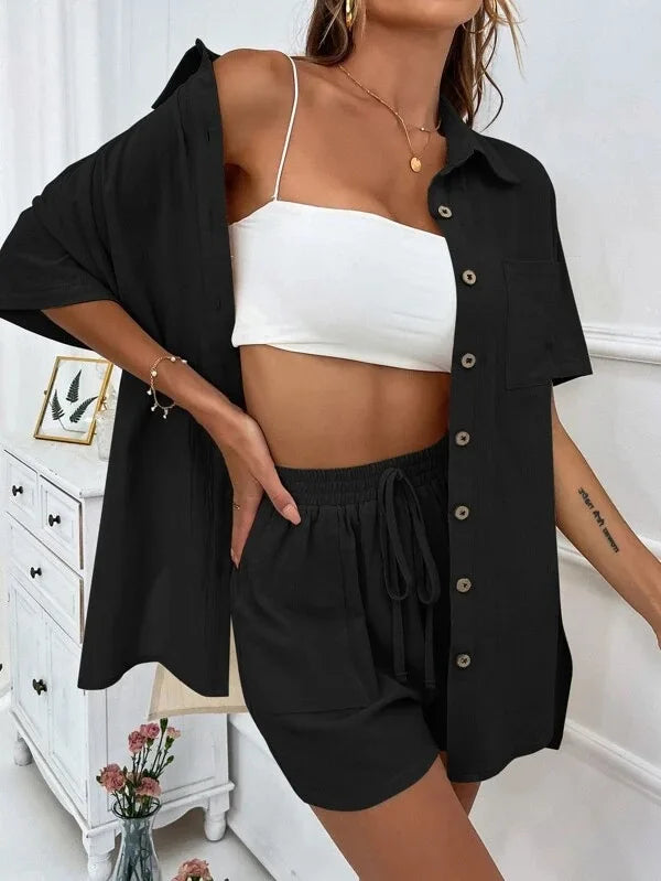 Women’s Cotton Button Shirt & Shorts Pajama Set – Casual 2-Piece, 6 Colors, Sizes S–XL