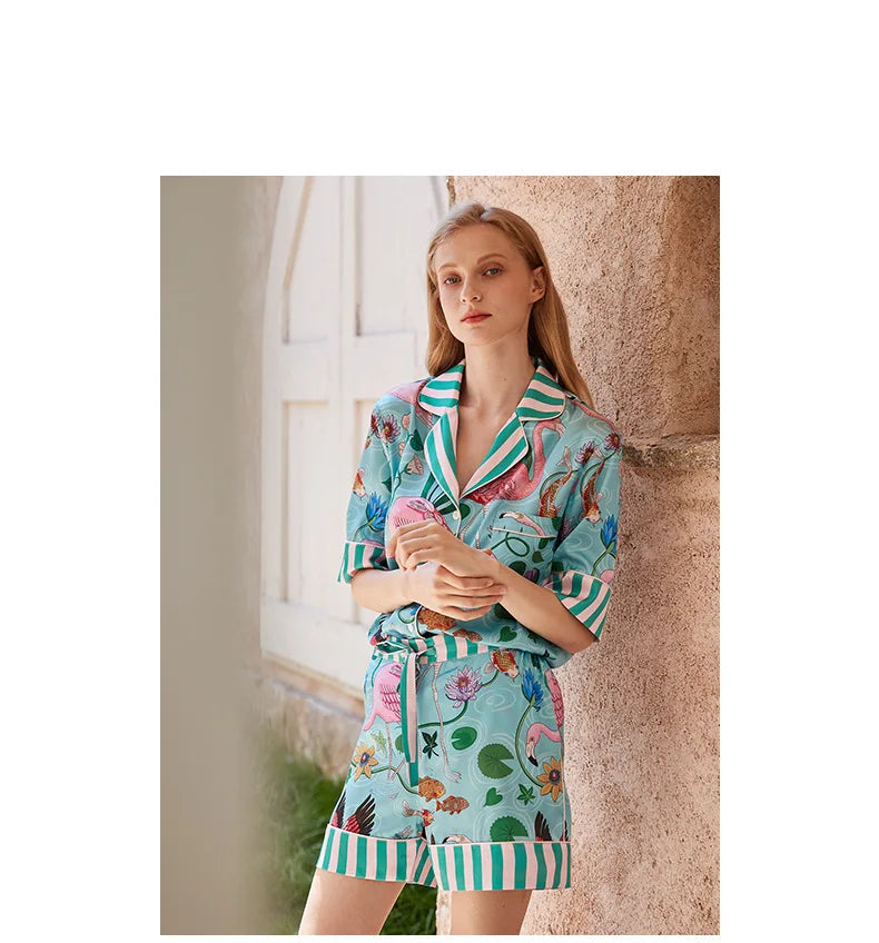 Women’s Ice Silk Short Sleeve Pajama Set – Casual Sleepwear, Sizes M–2XL