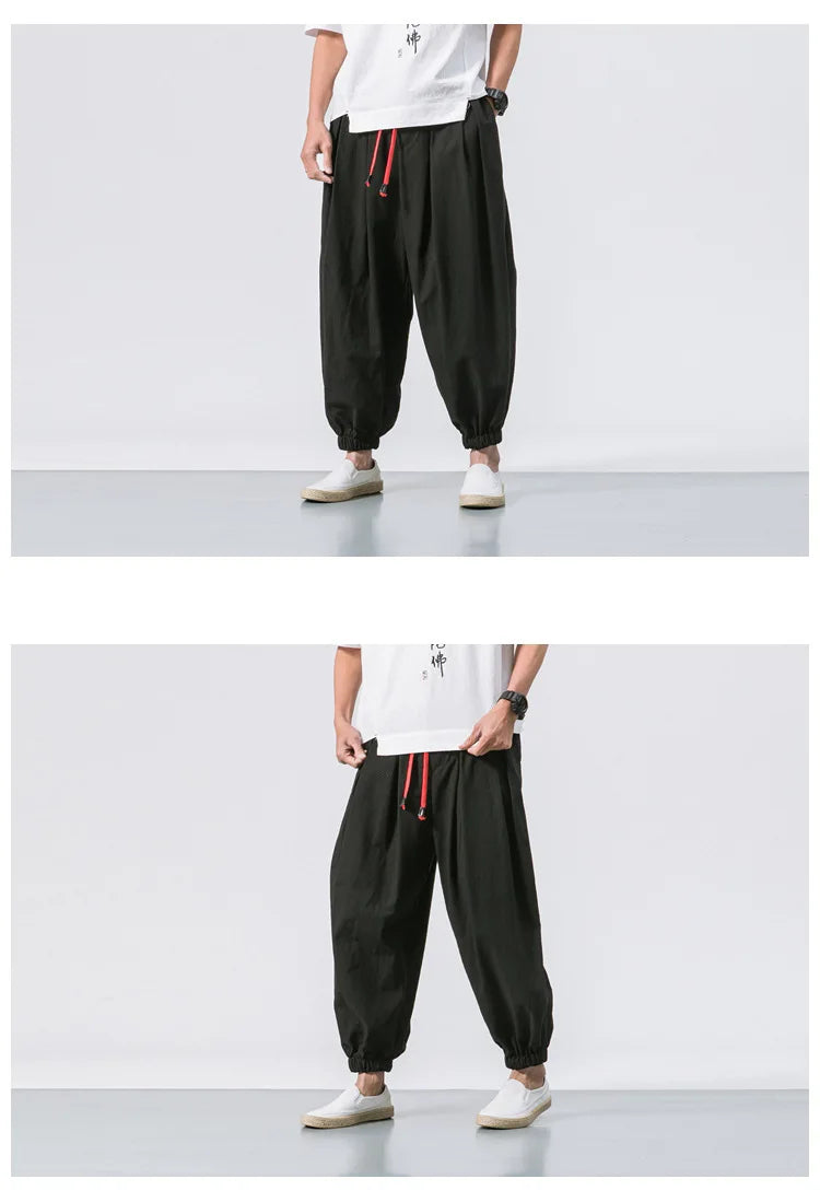 Men’s Oversized Cotton Linen Harem Jogger Pants – Chinese Style, Casual Trousers