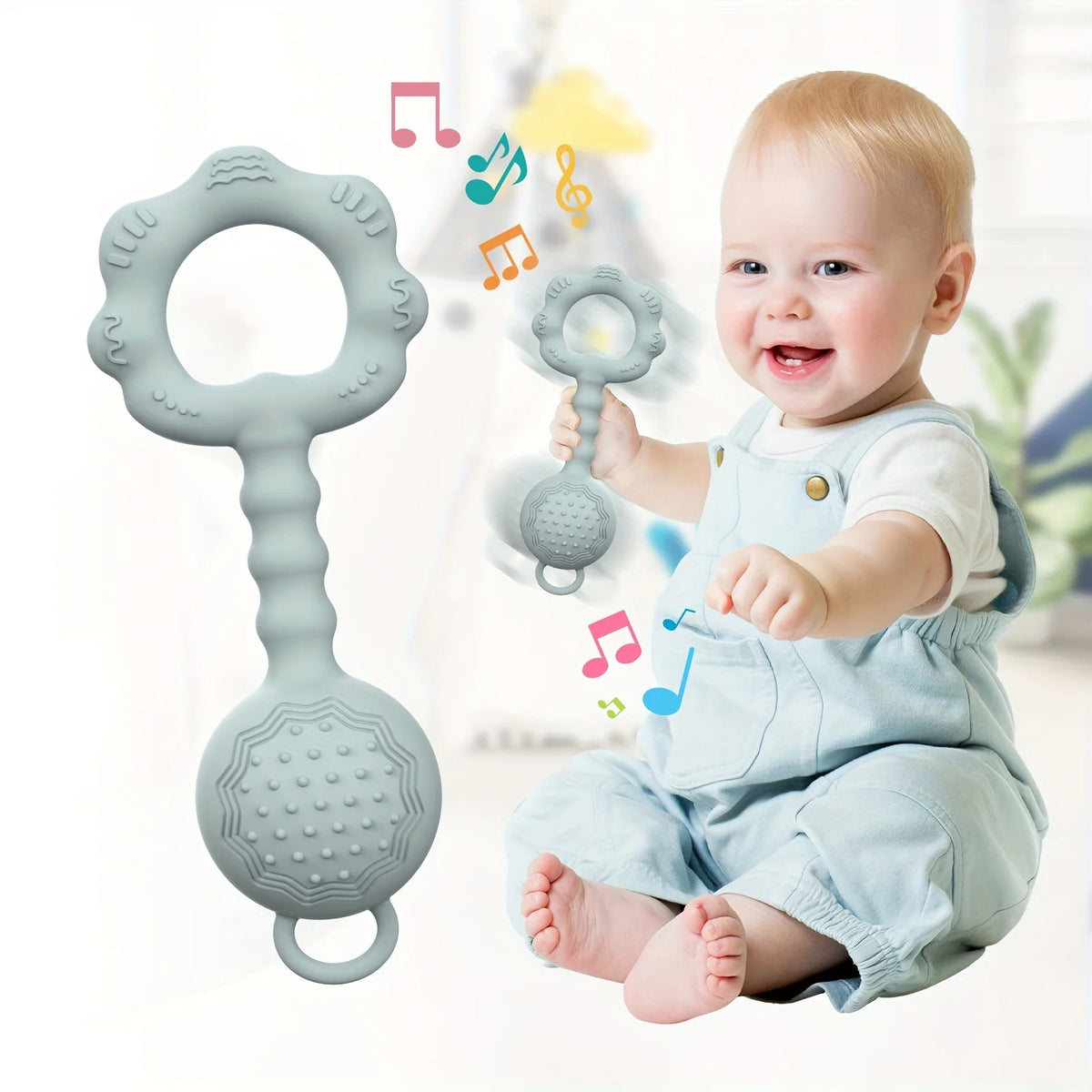 2-in-1 Silicone Baby Rattle & Teether Ring – Soft Soothing, Massage Dots, Newborn Toy