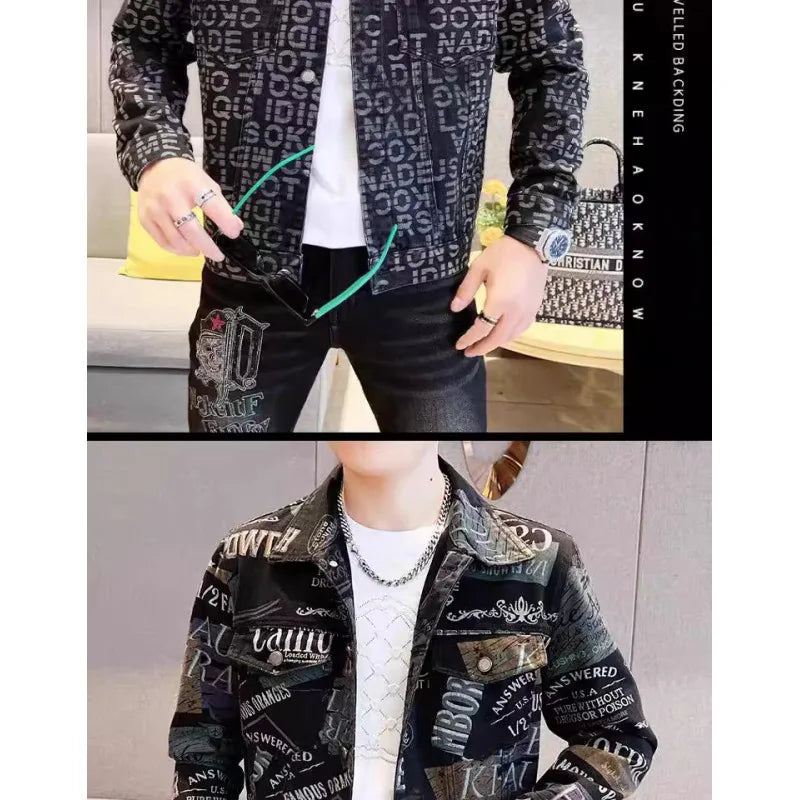Men’s Slim-Fit Print Jacket – Trendy Outerwear, Sizes M–XXXL, Black