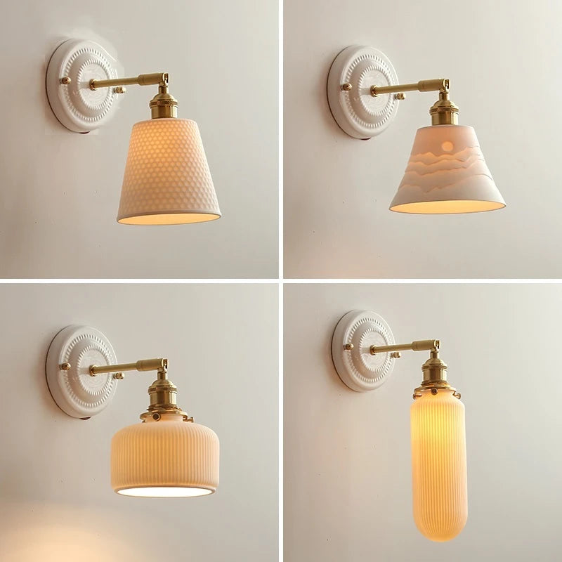 IWHD White Ceramic Nordic Wall Lamp – LED, Bedroom & Bathroom, Copper Accent, 4W–100W