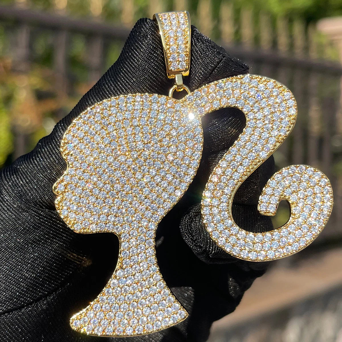 Gold Plated Bubble Letter Iced Out Doll Head Pendant Necklace – Hip Hop, Women’s Fashion