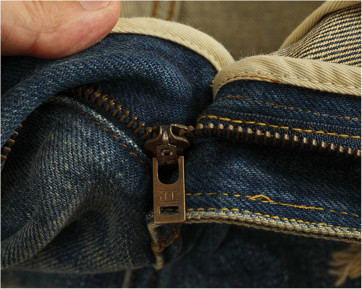 Men’s Retro Heavyweight Straight Tapered Jeans – 100% Cotton, Washed Denim, Sizes 29–38