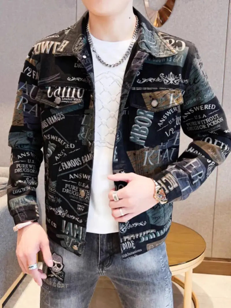 Men’s Slim-Fit Print Jacket – Trendy Outerwear, Sizes M–XXXL, Black