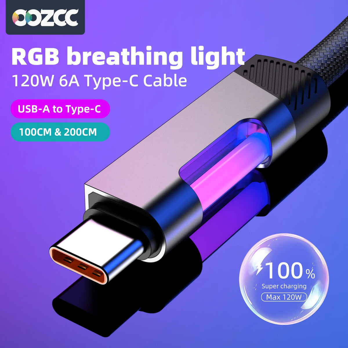 RGB Fast Charging USB-C Cable – 120W 6A, Ambient Light, 1m & 2m