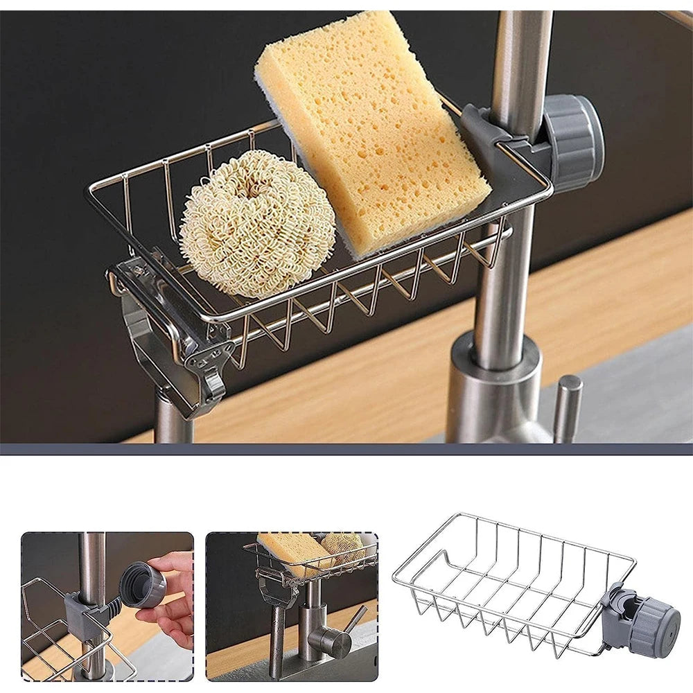 Kitchen Sink Sponge & Soap Drain Rack Organizer – Flexible Faucet Holder, Towel Shelf