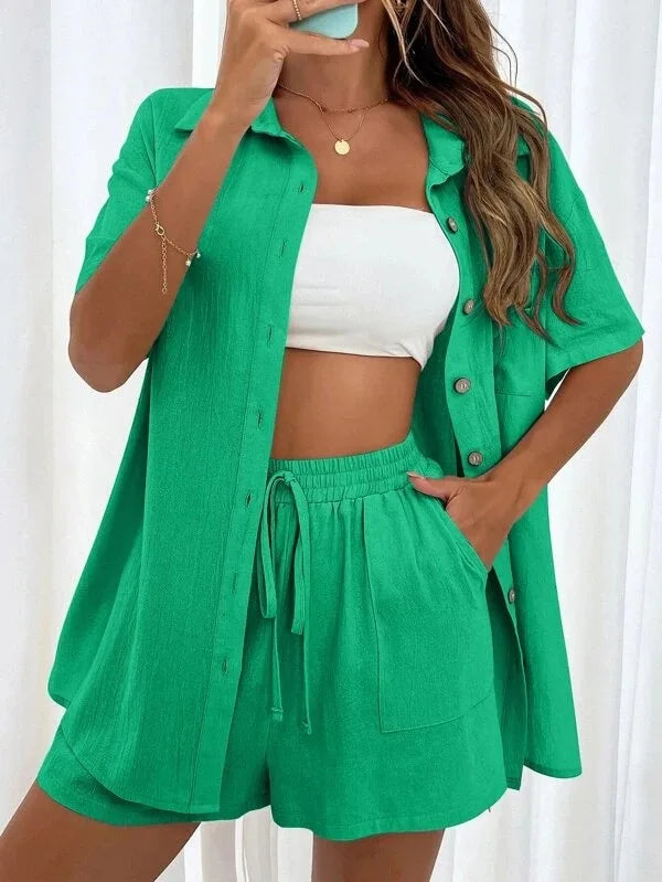 Women’s Cotton Button Shirt & Shorts Pajama Set – Casual 2-Piece, 6 Colors, Sizes S–XL