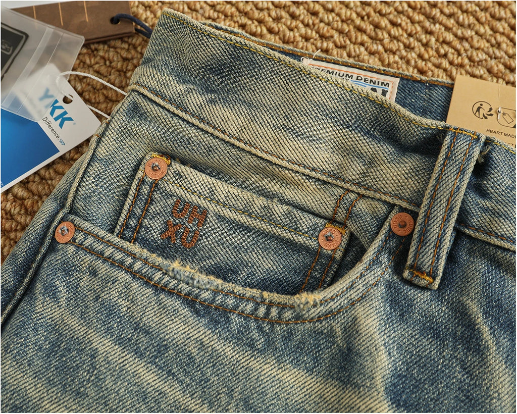 Men’s Retro Heavyweight Straight Tapered Jeans – 100% Cotton, Washed Denim, Sizes 29–38