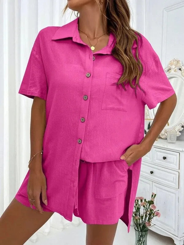 Women’s Cotton Button Shirt & Shorts Pajama Set – Casual 2-Piece, 6 Colors, Sizes S–XL