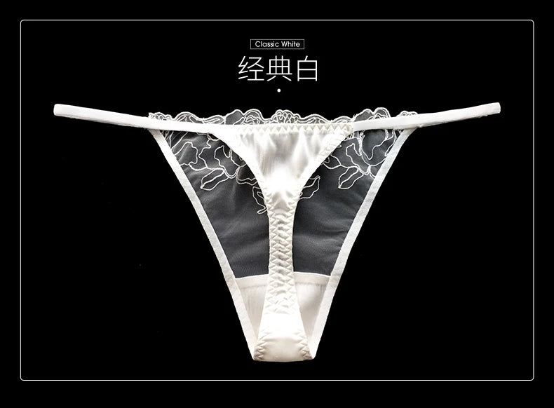 BirdTree 93% Silk Lace Embroidery G-String Thong – Transparent, 6 Colors