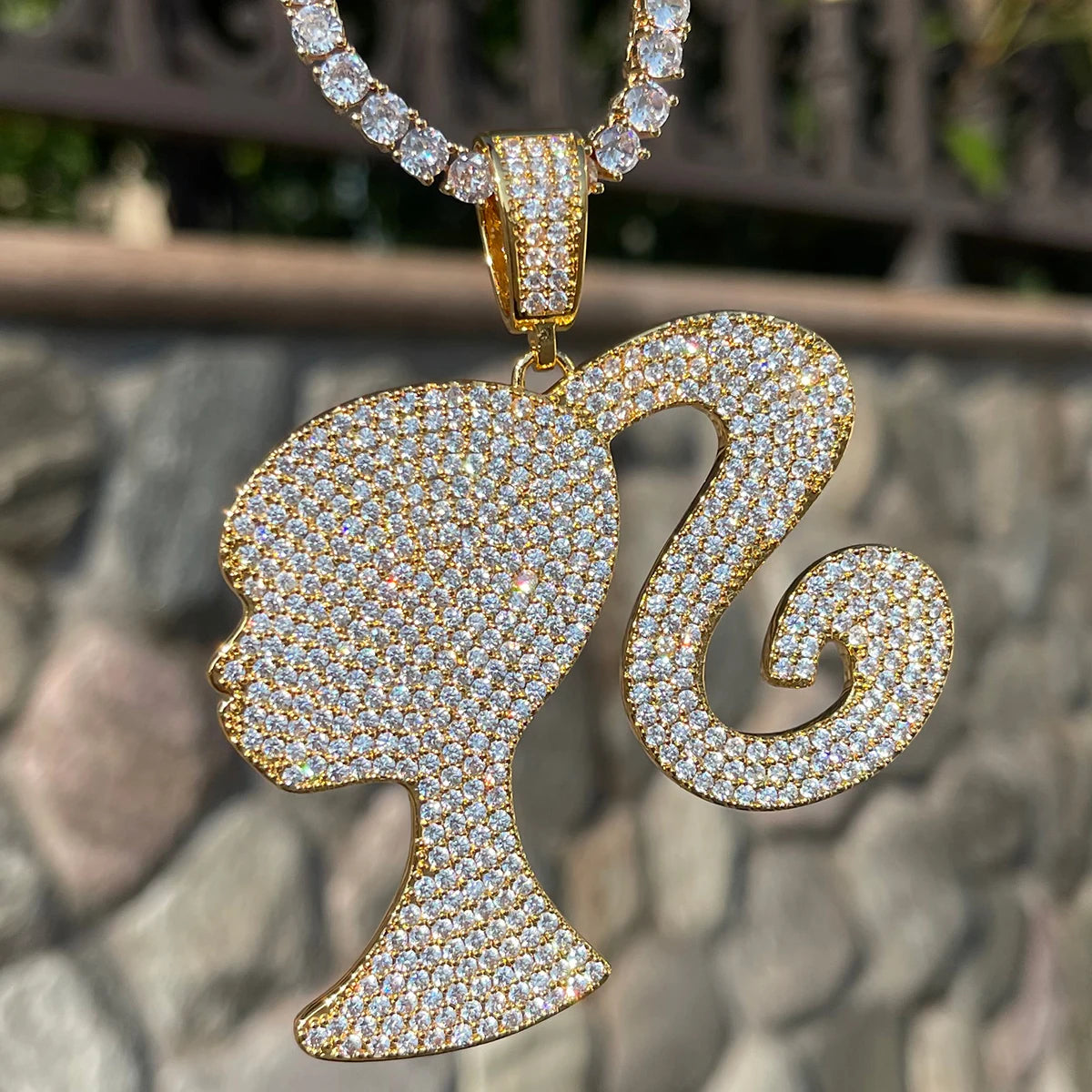 Gold Plated Bubble Letter Iced Out Doll Head Pendant Necklace – Hip Hop, Women’s Fashion
