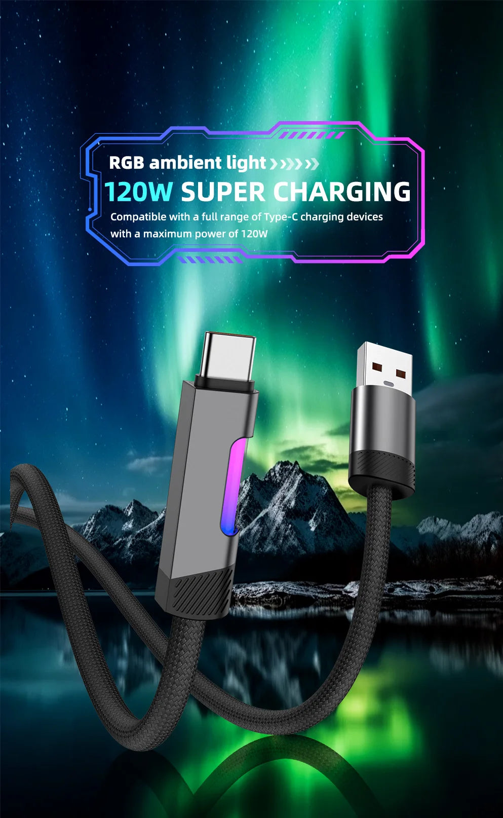RGB Fast Charging USB-C Cable – 120W 6A, Ambient Light, 1m & 2m