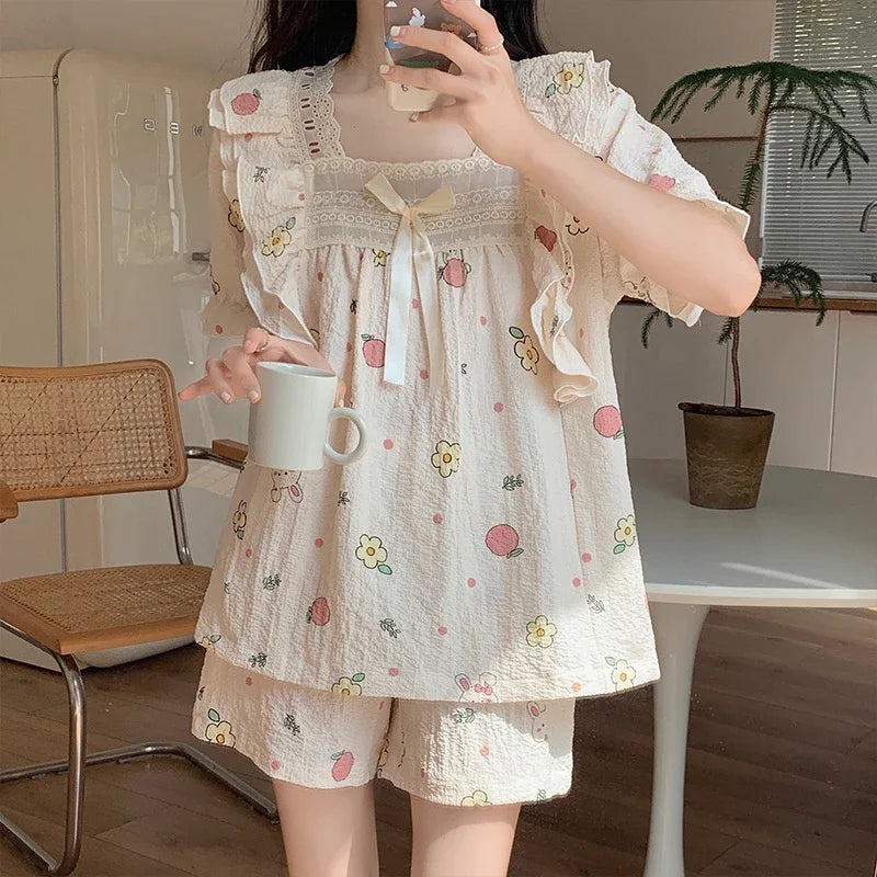 Women’s Kawaii Floral Print Short Sleeve Pajama Set – 2-Piece, Sizes M–XXL