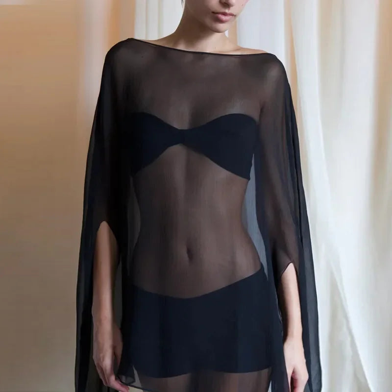 Women’s Sheer Chiffon Blouse Cover-Up Top – Sexy, Elegant, White & Black, Night Club