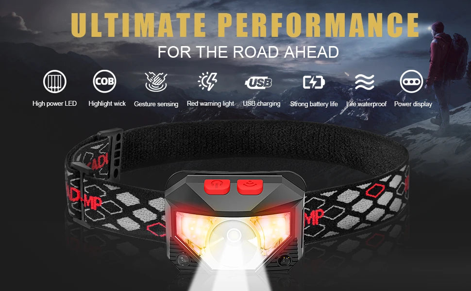 High Power COB LED Headlamp with Sensor Type-C Rechargeable IPX6 Waterproof Flashlight for Camping Running Fishing Head Light