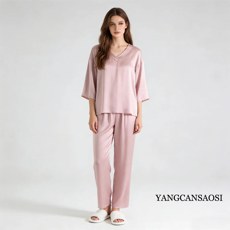 100% Mulberry Silk Satin Pajama Set – V-Neck, Three-Quarter Sleeve, 7 Colors, Sizes L–1XL