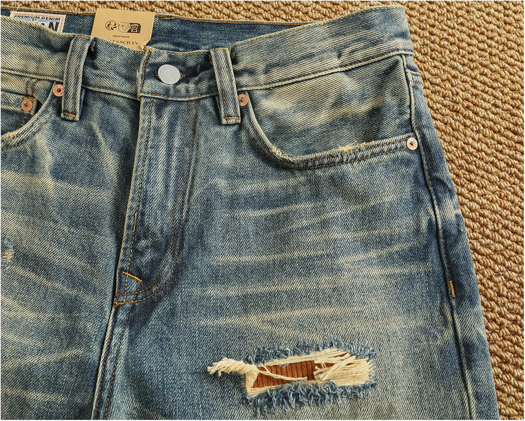 Men’s Retro Heavyweight Straight Tapered Jeans – 100% Cotton, Washed Denim, Sizes 29–38