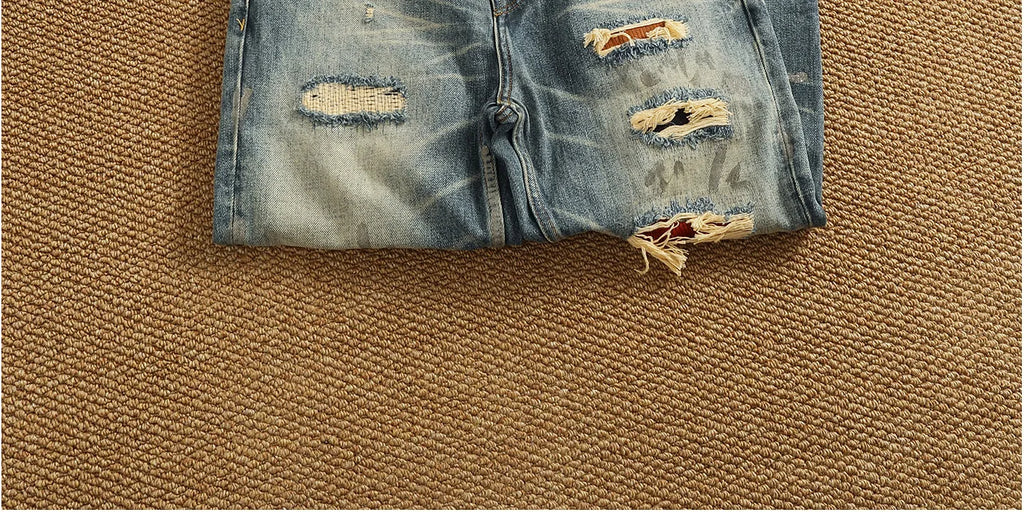 Men’s Retro Heavyweight Straight Tapered Jeans – 100% Cotton, Washed Denim, Sizes 29–38