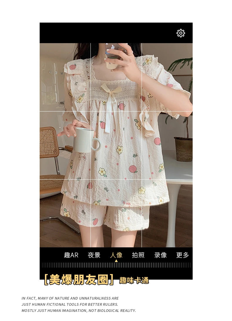 Women’s Kawaii Floral Print Short Sleeve Pajama Set – 2-Piece, Sizes M–XXL
