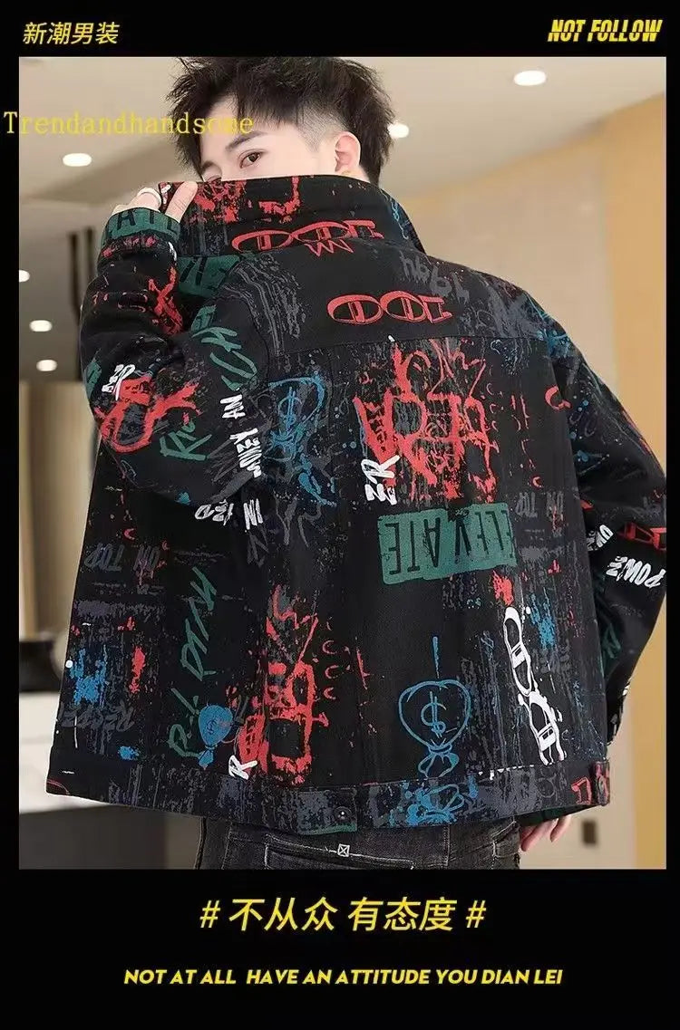 Men’s Vintage Print Denim Jacket – Loose Casual Long Sleeve Outerwear, Sizes M–XXXL