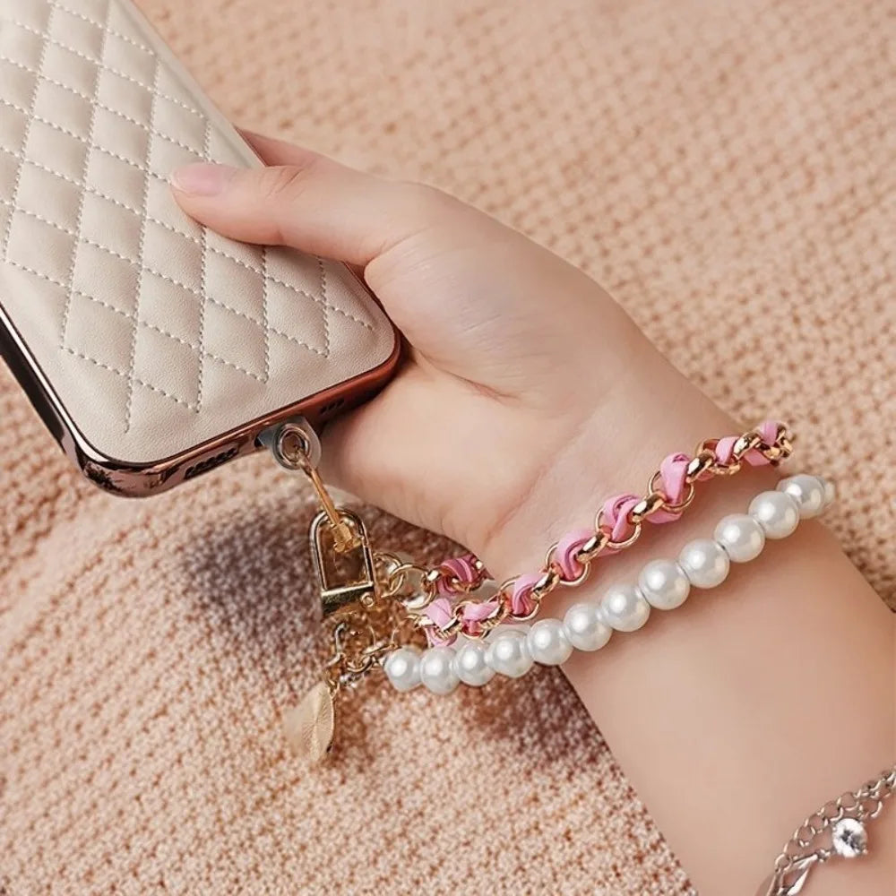 Leather Pearl Camellia Phone Charm Bracelet – Anti-Loss Wrist Strap, 26cm – White, Pink, Black