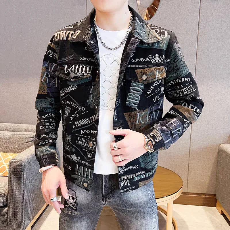 Men’s Slim-Fit Print Jacket – Trendy Outerwear, Sizes M–XXXL, Black