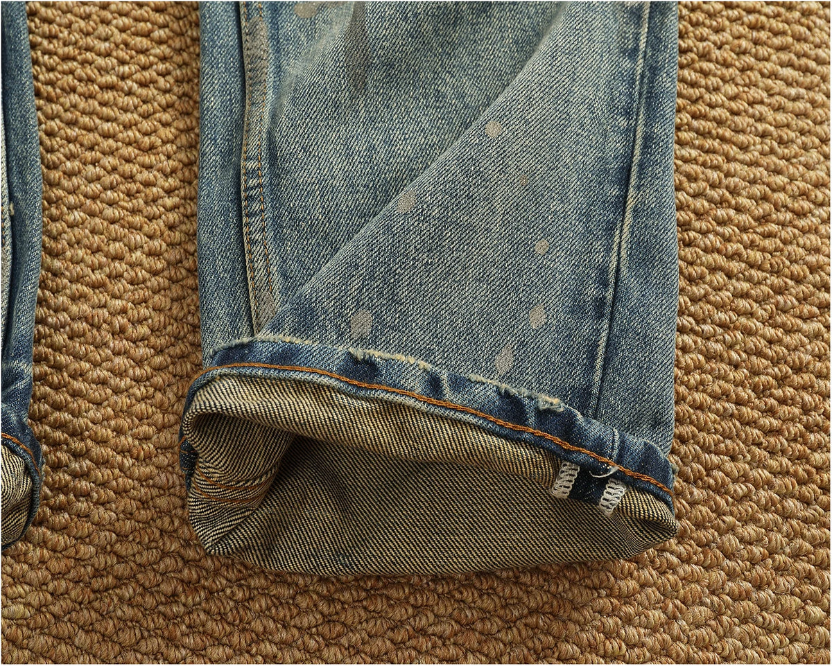 Men’s Retro Heavyweight Straight Tapered Jeans – 100% Cotton, Washed Denim, Sizes 29–38
