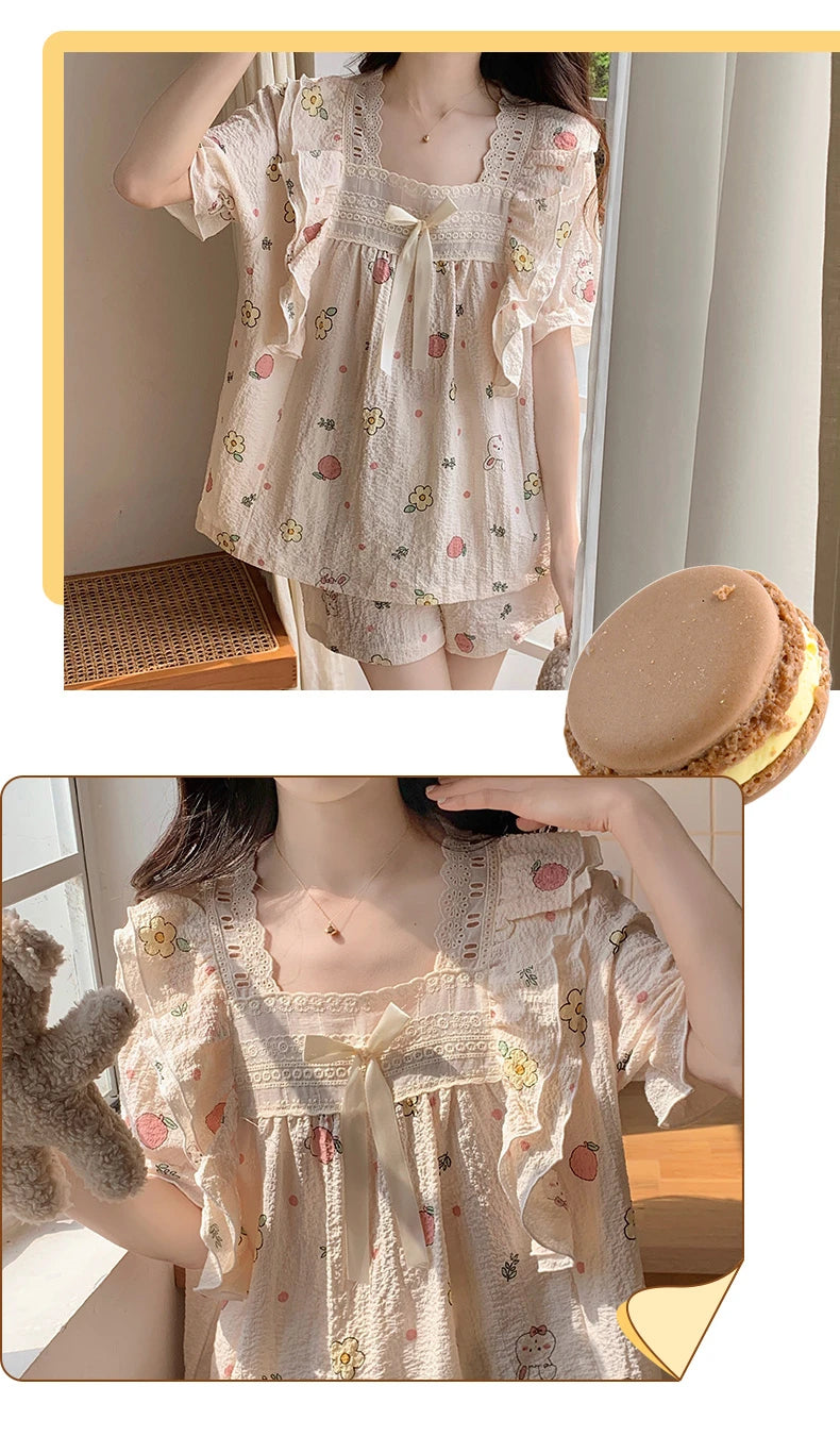 Women’s Kawaii Floral Print Short Sleeve Pajama Set – 2-Piece, Sizes M–XXL